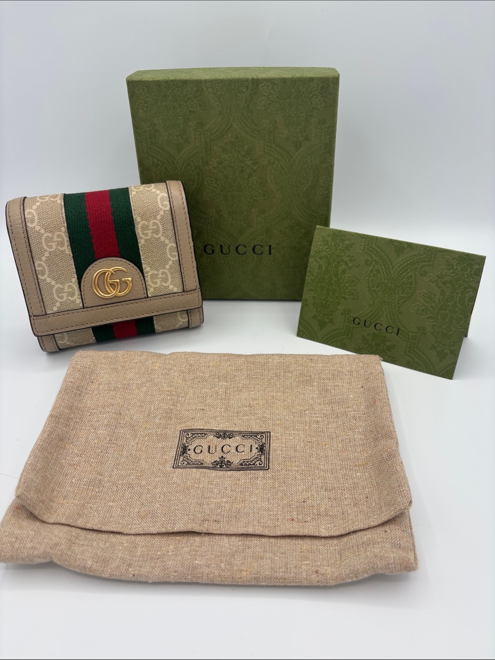 Gucci Ophidia GG Supreme Bifold Wallet- Beige/White with Green-Red Web Stripe